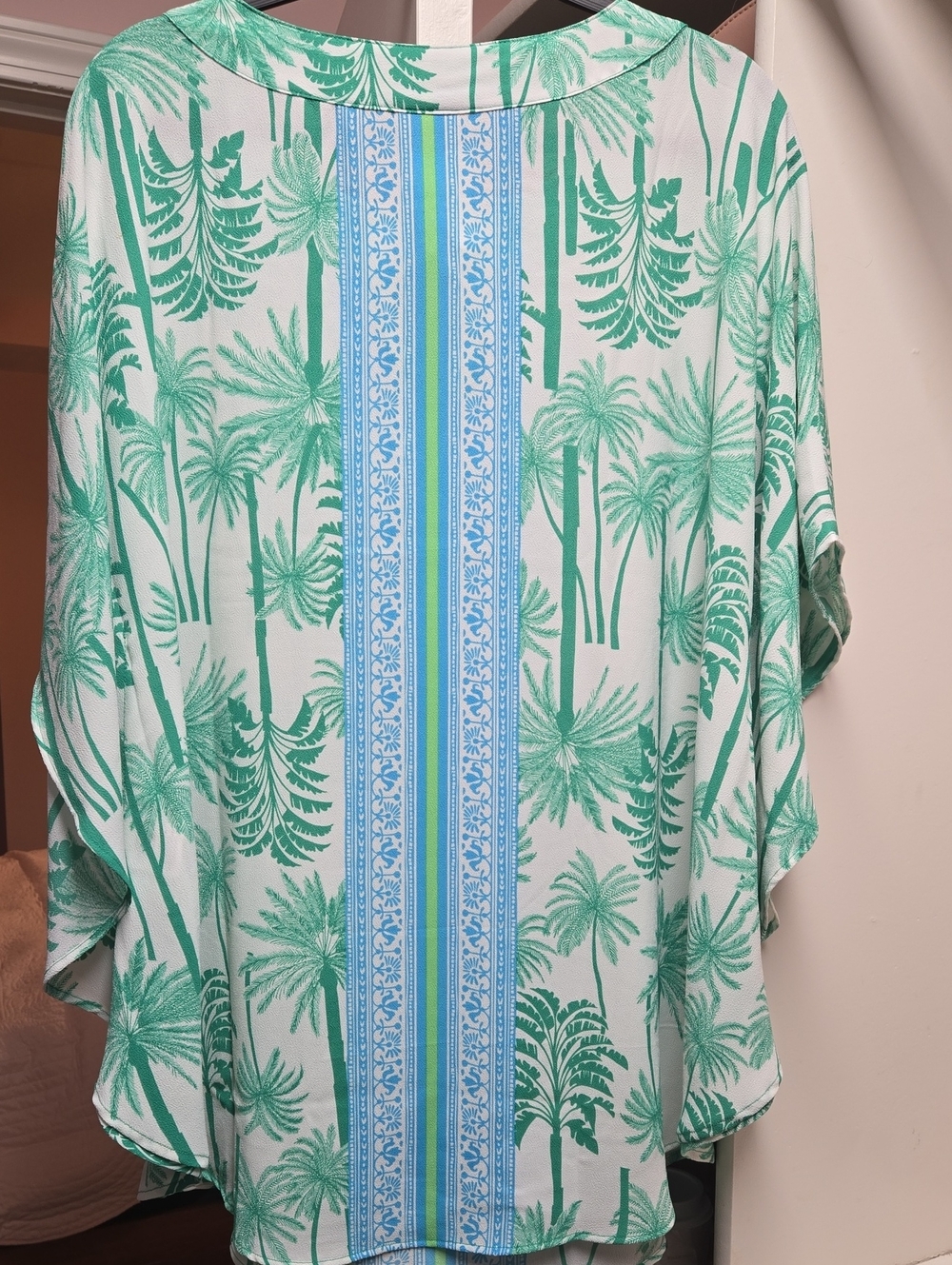 Ruby Rd. Teal Palm-Print Tassel Front Blouse - Picture 4 of 4